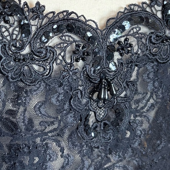 Vintage 90s Cinema Etoile Black Sequin Beaded Sheer Lace Satin Skirt Lingerie M - Picture 3 of 10
